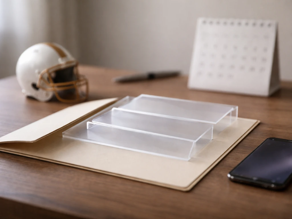 Desk with stacked blank acrylic sheets, a small football helmet, and an open folder symbolizing back-calculated wealth t