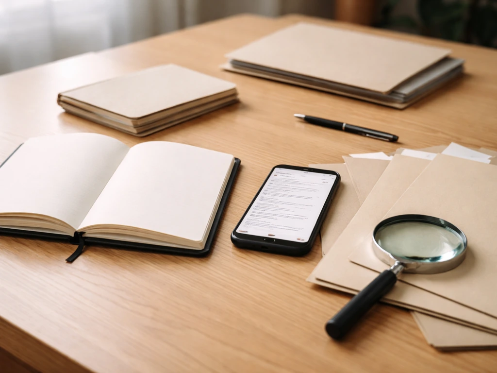 Minimal desk setup with notebook, documents, magnifying glass, and phone suggesting self due diligence tracking