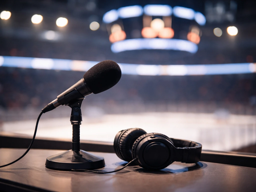 Sports media desk scene with a microphone, softly lit, symbolizing broadcast analysis and wealth
