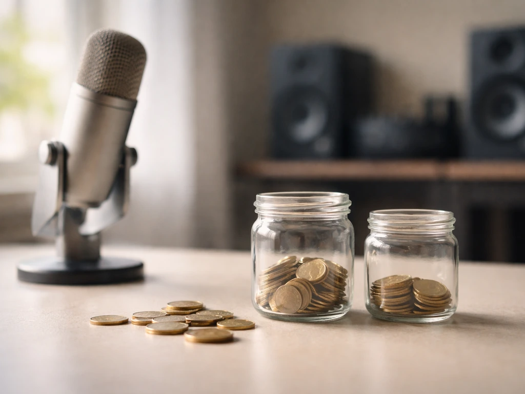 Minimal desk scene with a small microphone and scattered coins suggesting a media-linked net worth range