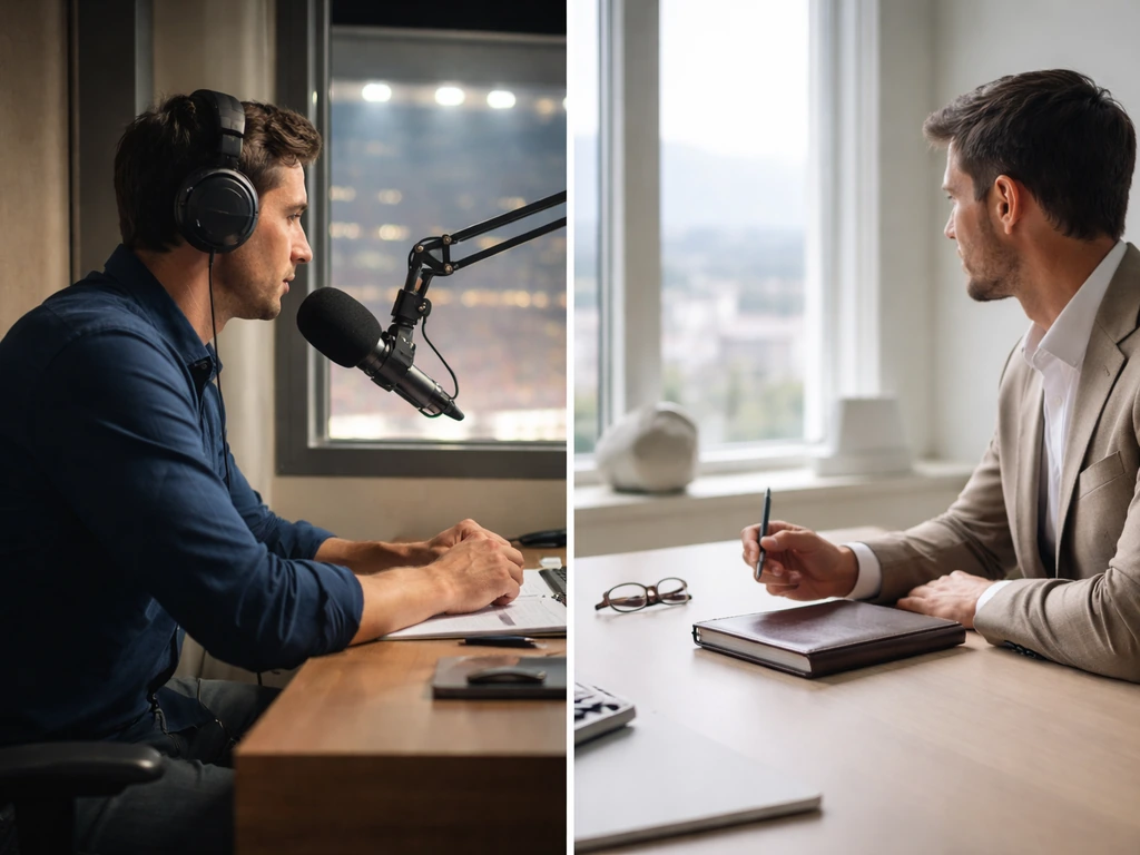 Two-panel photo: anonymous sports broadcaster in a booth and anonymous finance worker in a bright office.