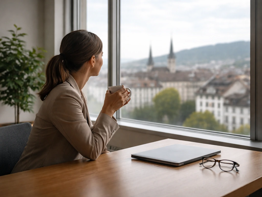 Anonymous professional in a minimal Swiss finance office by a window, coffee mug, laptop, calm impact-investing vibe.