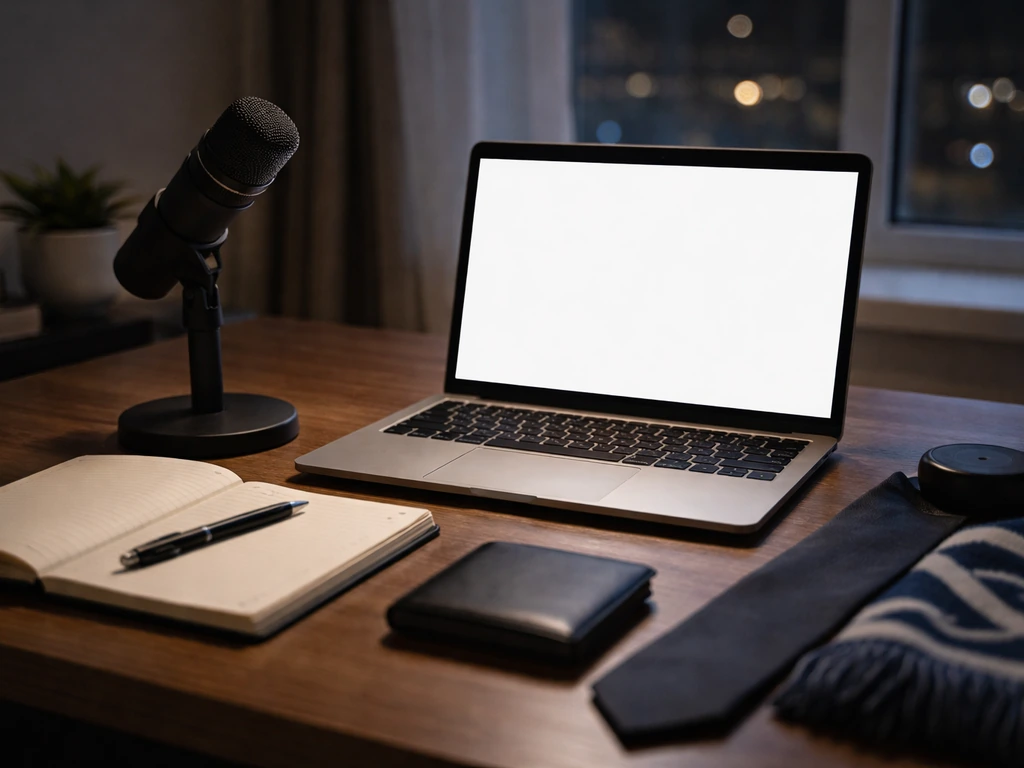 Quiet financial media office desk with microphone and laptop, hinting at identifying a public figure
