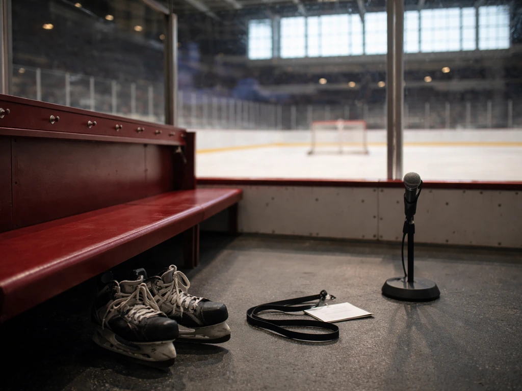 Quiet hockey arena media corner with skates and a microphone, symbolizing career salary coverage.