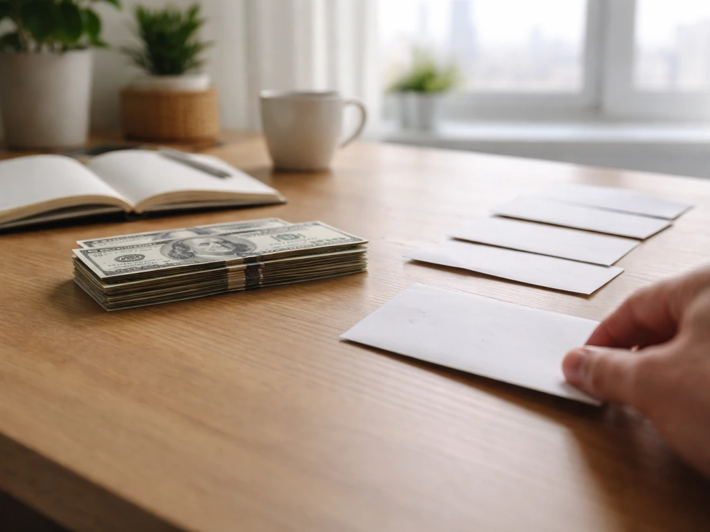 Sunlit desk with an open notebook and scattered bills, with a blurred hand and taxes-like envelopes nearby