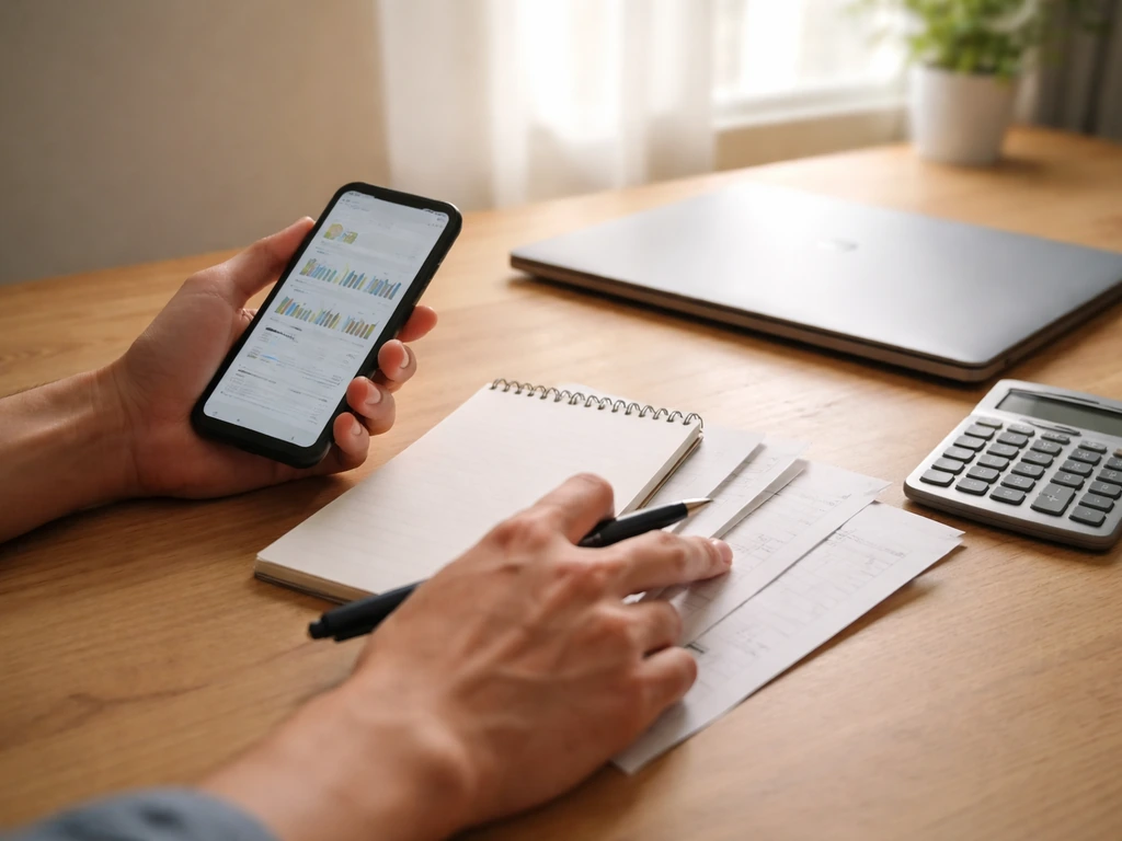 Anonymous hands review financial documents on a desk with a smartphone, calculator, and papers.
