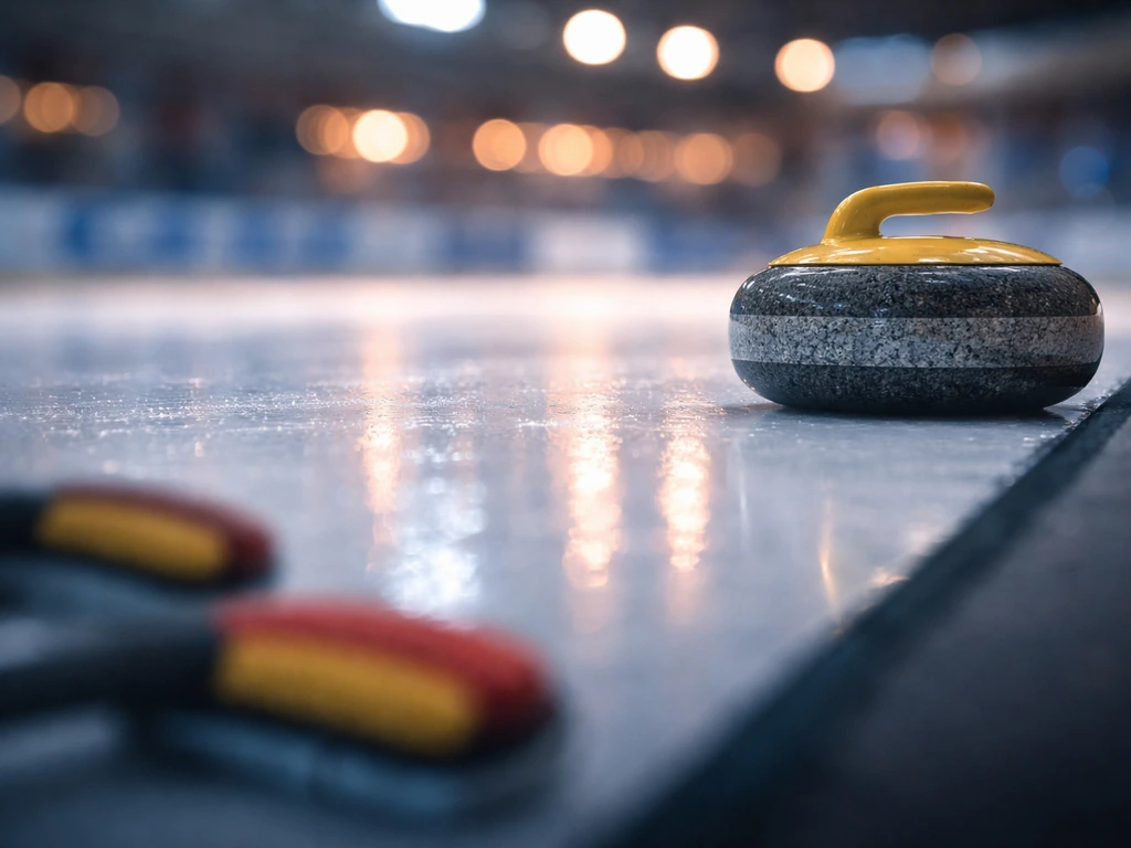Curling stone on an ice rink with blurred brooms and arena lights, symbolizing a net worth estimate range.