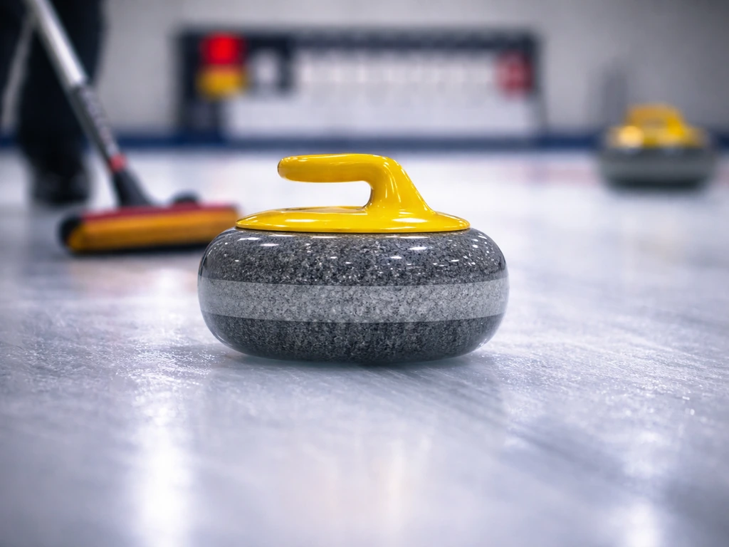 Close-up of a curling stone on an indoor rink with a blurred distant scoreboard context.