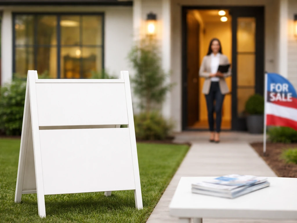 Anonymous agent at an open house with a blank yard sign and brochure materials outside a modern home.