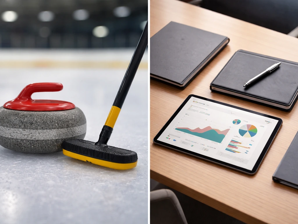 Split photo showing curling ice equipment on the left and a business-school tablet on the right