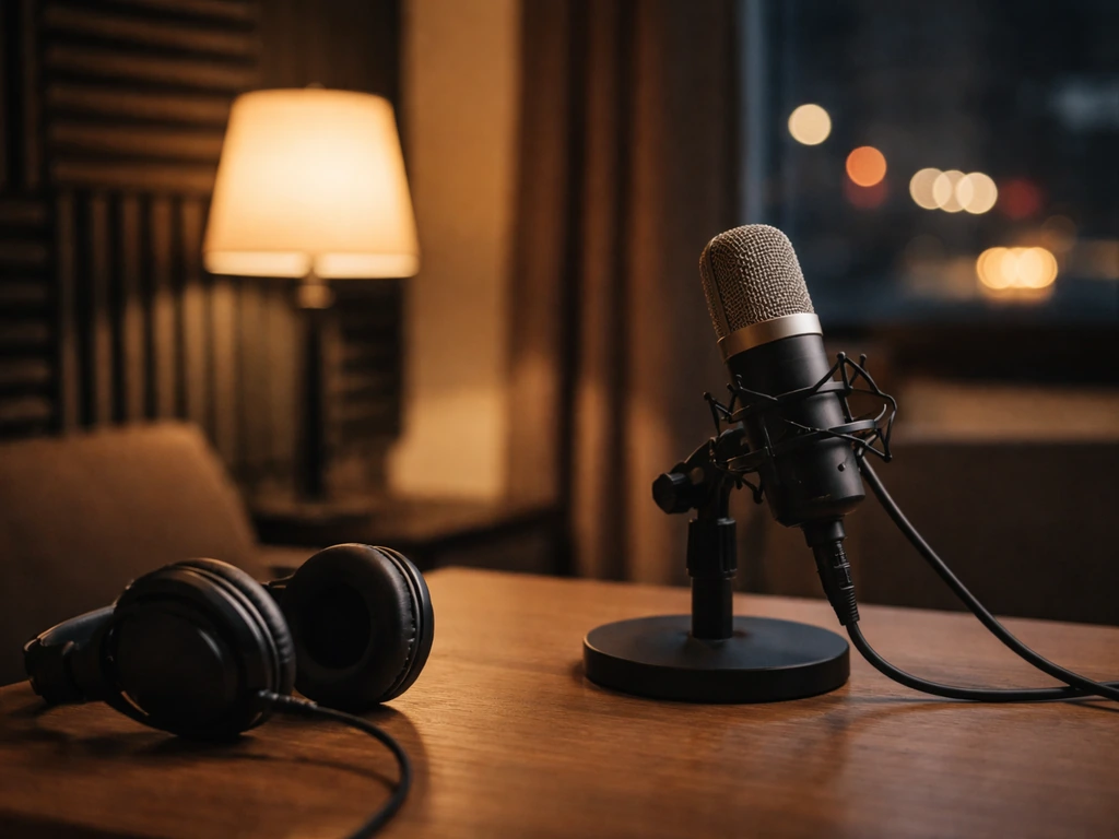 Unbranded studio microphone and headphones on a desk, with blurred acoustic panels and city lights outside.