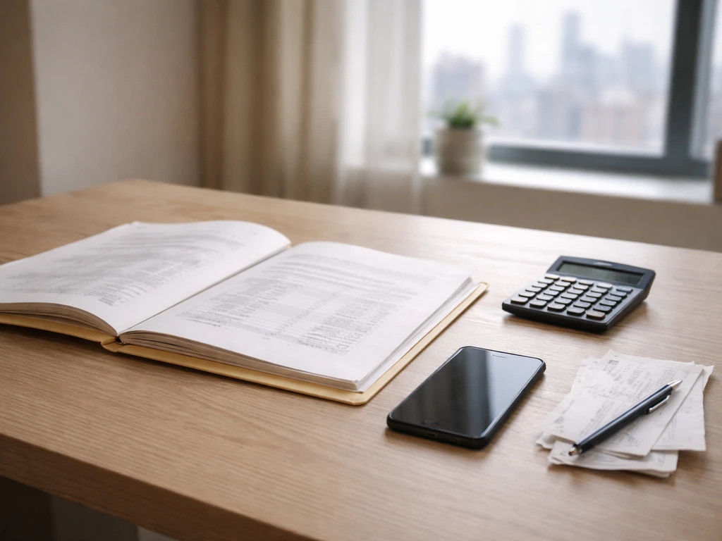 A quiet desk with scattered financial documents, a calculator, and a smartphone showing an unseen media source