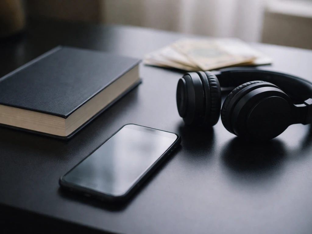 Minimal desk scene with a book, headphones, and banknotes symbolizing audiobook royalty revenue.