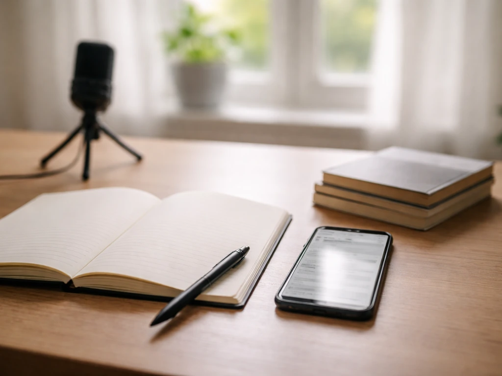 Minimal desk scene with notebook and phone, suggesting checking public bestseller lists.