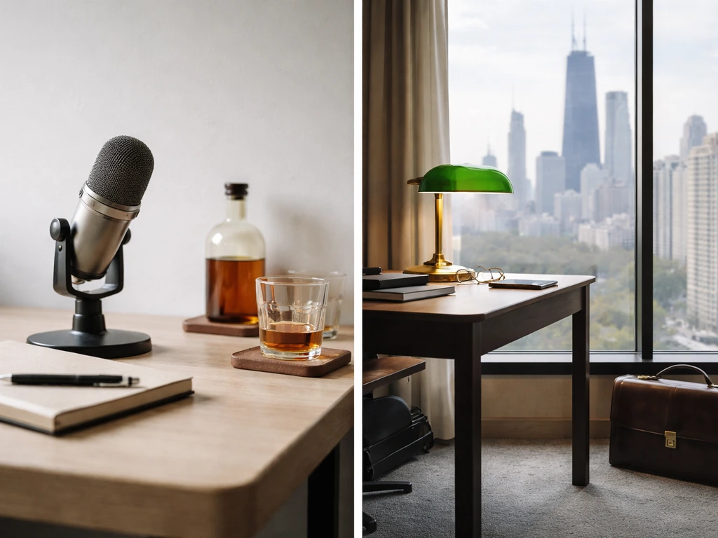 Chicago business office desk with a microphone and a quiet money-themed decor symbol