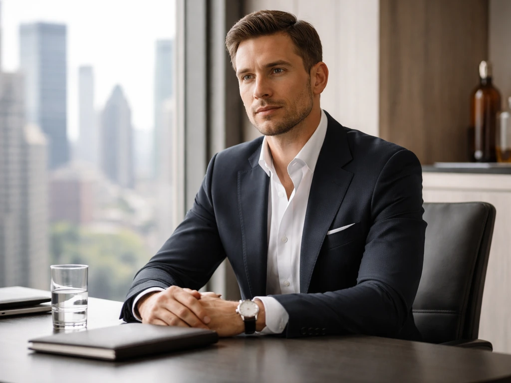 Anonymous business professional in a Chicago office by a window, minimal executive desk scene.