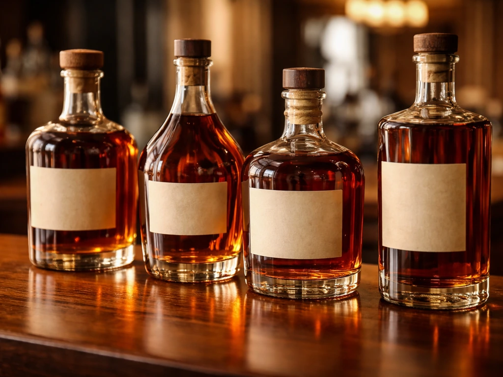 Premium bourbon bottles on a wooden bar with warm, upscale lighting and generic labels.