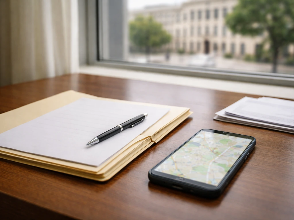 Close-up of an open notebook with property documents and a city skyline view through a window.