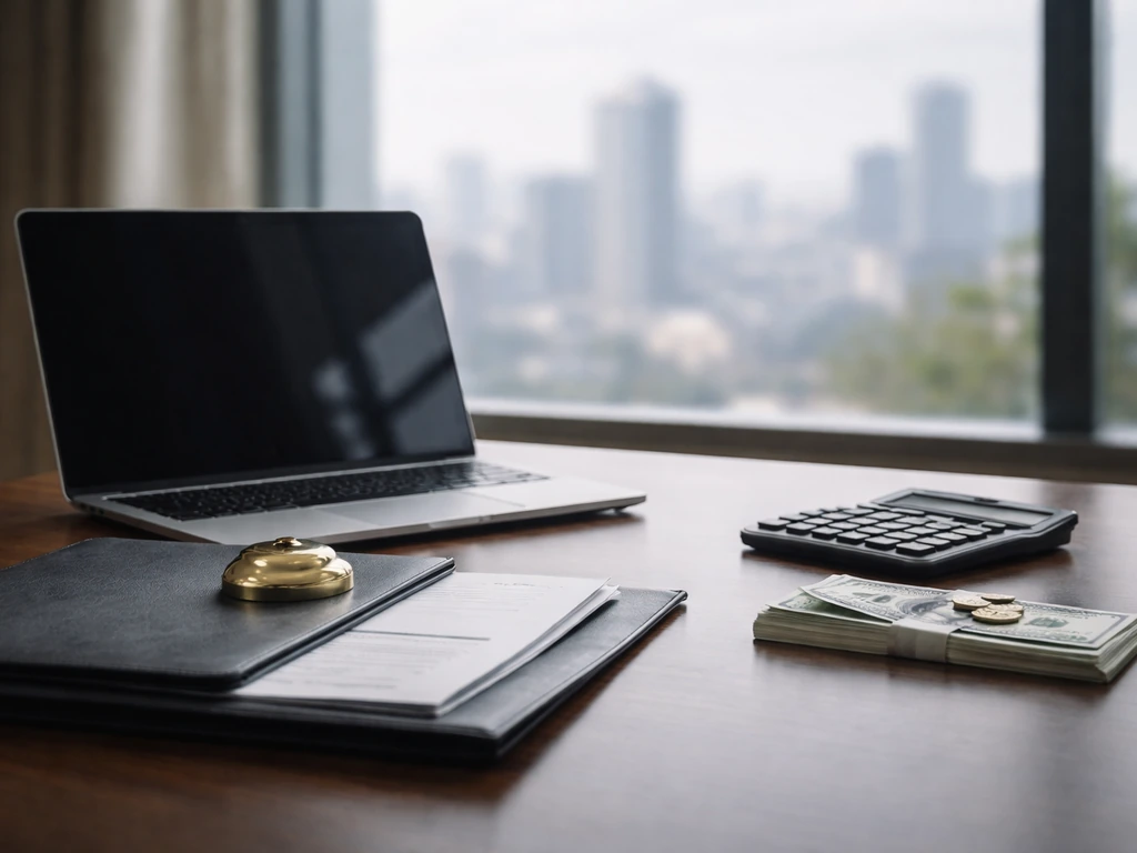 Close-up of a reinsurance executive desk scene with a laptop, contract folder, and scattered currency for wealth analysi