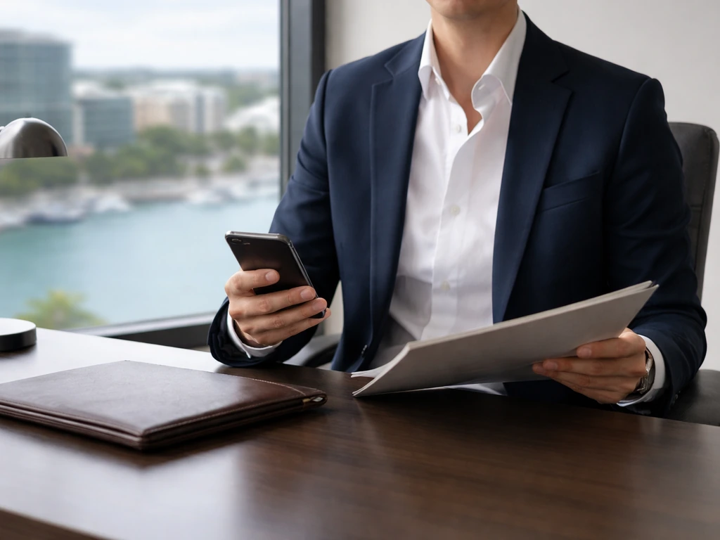 Insurance and reinsurance executive in a quiet office setting with a city skyline backdrop.