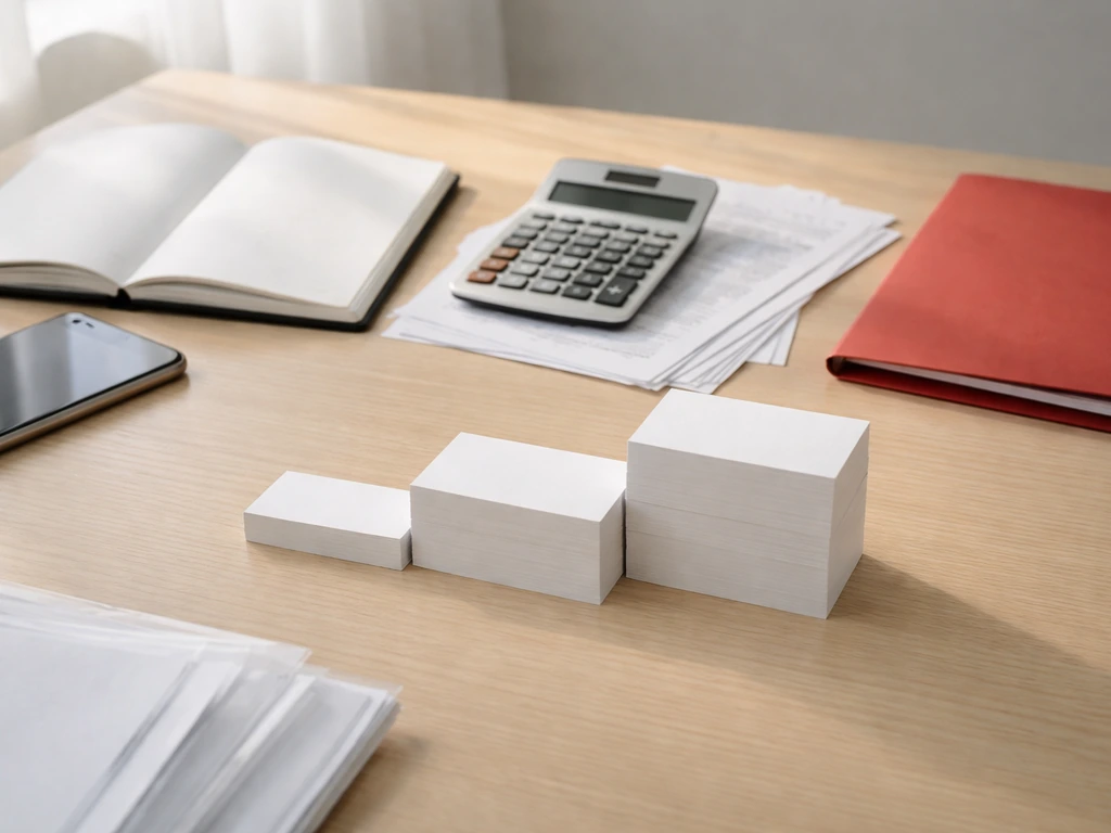 Minimal desk scene with calculator, blank documents, and stepped card stacks implying SEC-based calculations.