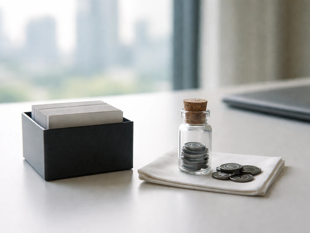 Minimal desk scene with two distinct symbolic wealth items: stacked cards in a box and tokens in a glass vial.