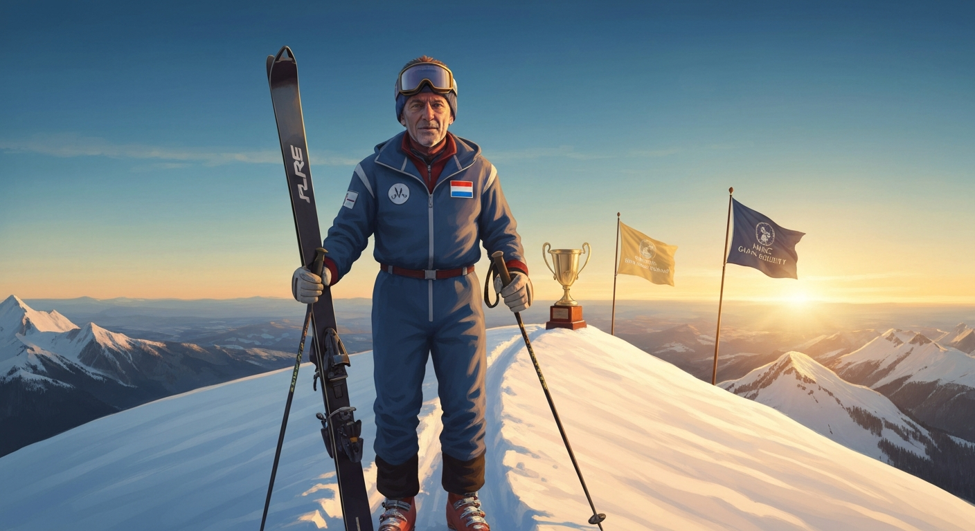 Stylized portrait illustration of Marc Girardelli on a snowy ridge holding skis, with a trophy and academy banner in the background.