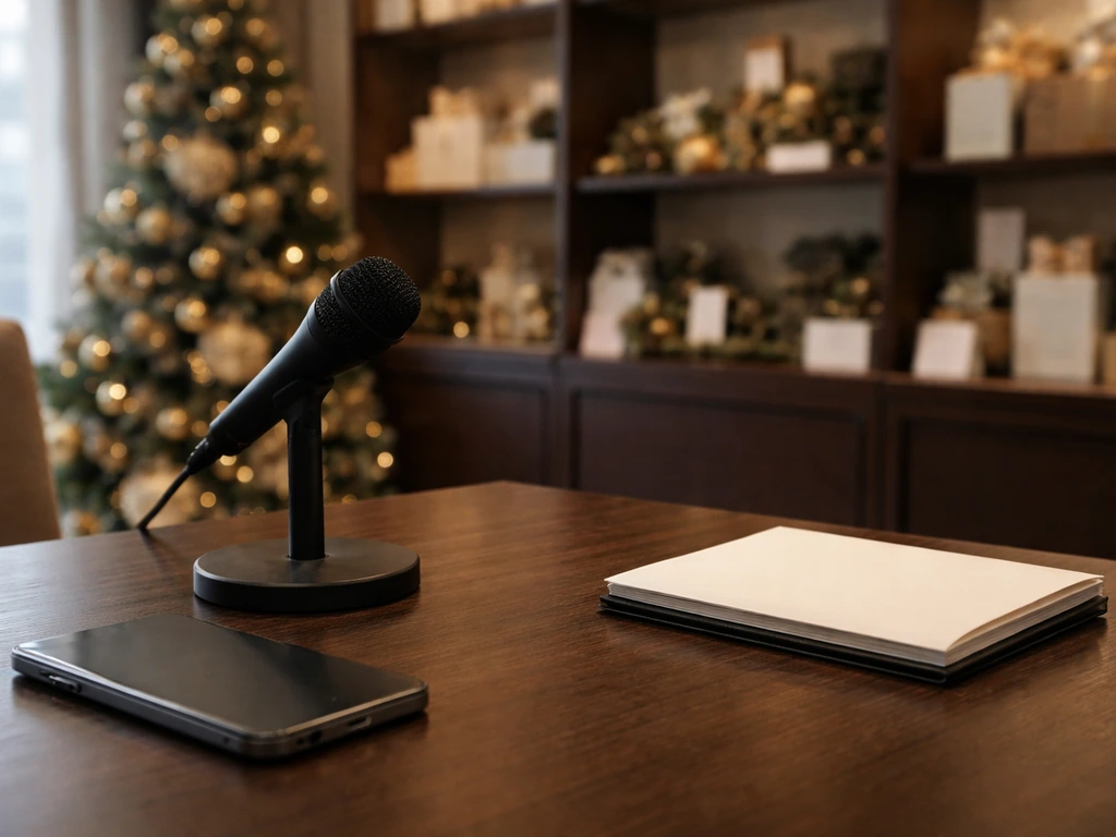 Anonymous business desk with a microphone and blurred holiday retail decor, suggesting a specialty retail executive cont