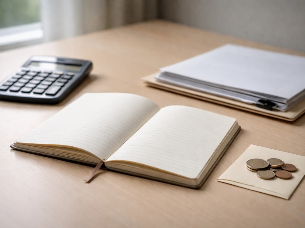 Close-up of a notebook and calculator beside a folder labeled in blank form, symbolizing assets minus liabilities