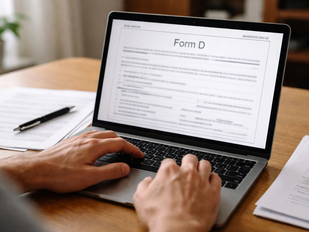 Close-up of a laptop showing a mock SEC EDGAR Form D filing page framing verification steps