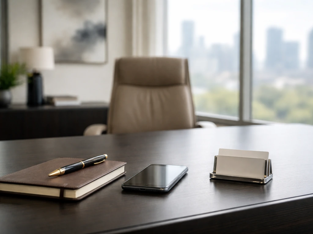 Minimal executive office desk with pen and notebook, city skyline through window, no people or text.