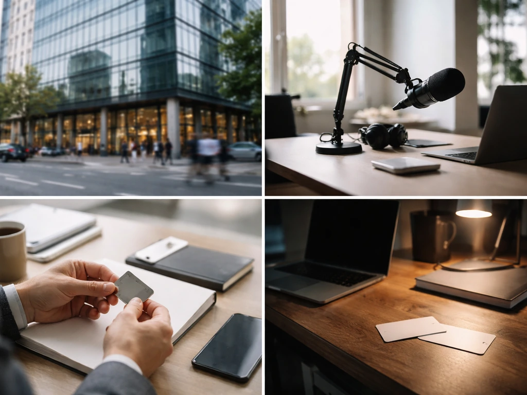 Four minimal photo tiles showing office facade, studio mic, financial desk items, and a creative workspace, no text.
