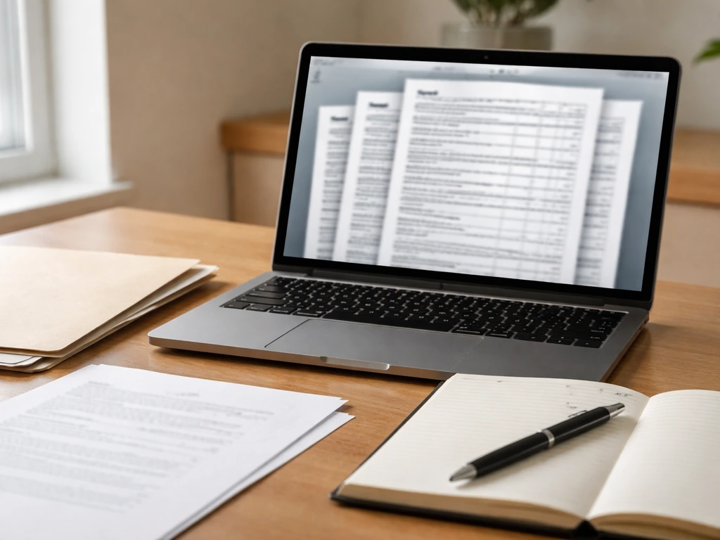 Close-up of a laptop showing blurred SEC filing-style documents beside a notebook, symbolizing insider Form 4 checks.