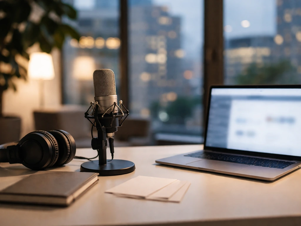 Minimal modern desk with a microphone and headphones, city lights outside, symbolizing innovation media work.