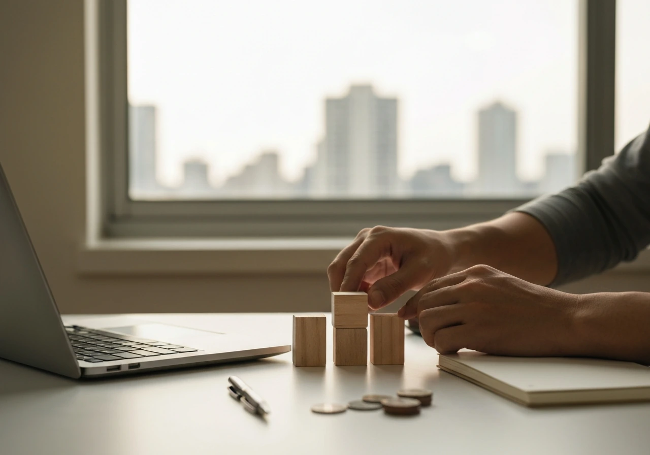 Anonymous hands arranging blank blocks and coins on a desk beside a closed laptop in natural light.
