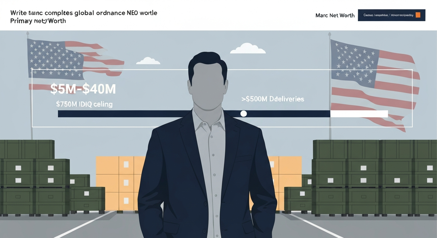 Editorial illustration of a defense contractor founder with company imagery and an infographic bar showing an estimated net worth range of $5M–$40M.