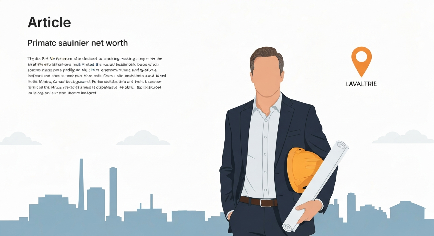 Stylized editorial illustration of an anonymized construction entrepreneur holding plans in front of an industrial park and a faint map pin marking Lavaltrie, Quebec.